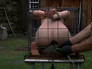 Esclave laveur BDSM en plein air enfermé dans une cage. Esclave